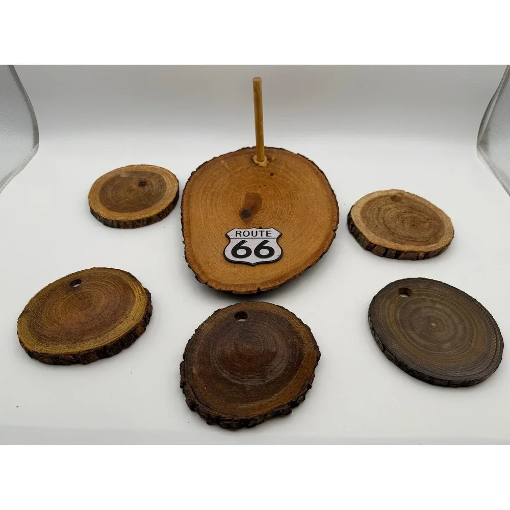 Route 66 Live Edge Wood Coaster Set with Holder‎ Rustic Americana Decor 5 Piece